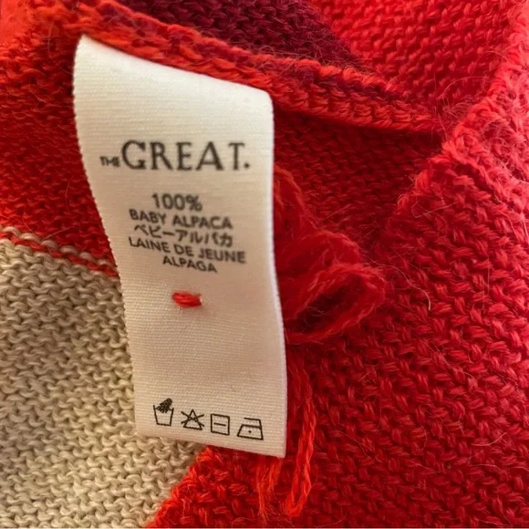 THE GREAT. Bold Striped V-Neck Cardigan in Red, Burgundy & Cream - Picture 6 of 7